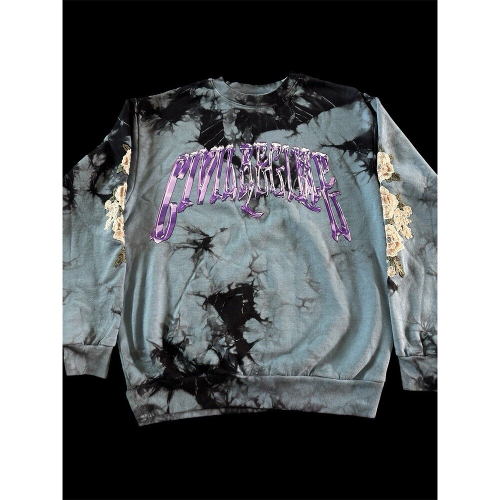 Civil Regime Roses Embroidered Blue Marble Wash Crewneck Men’s Size Medium NWT